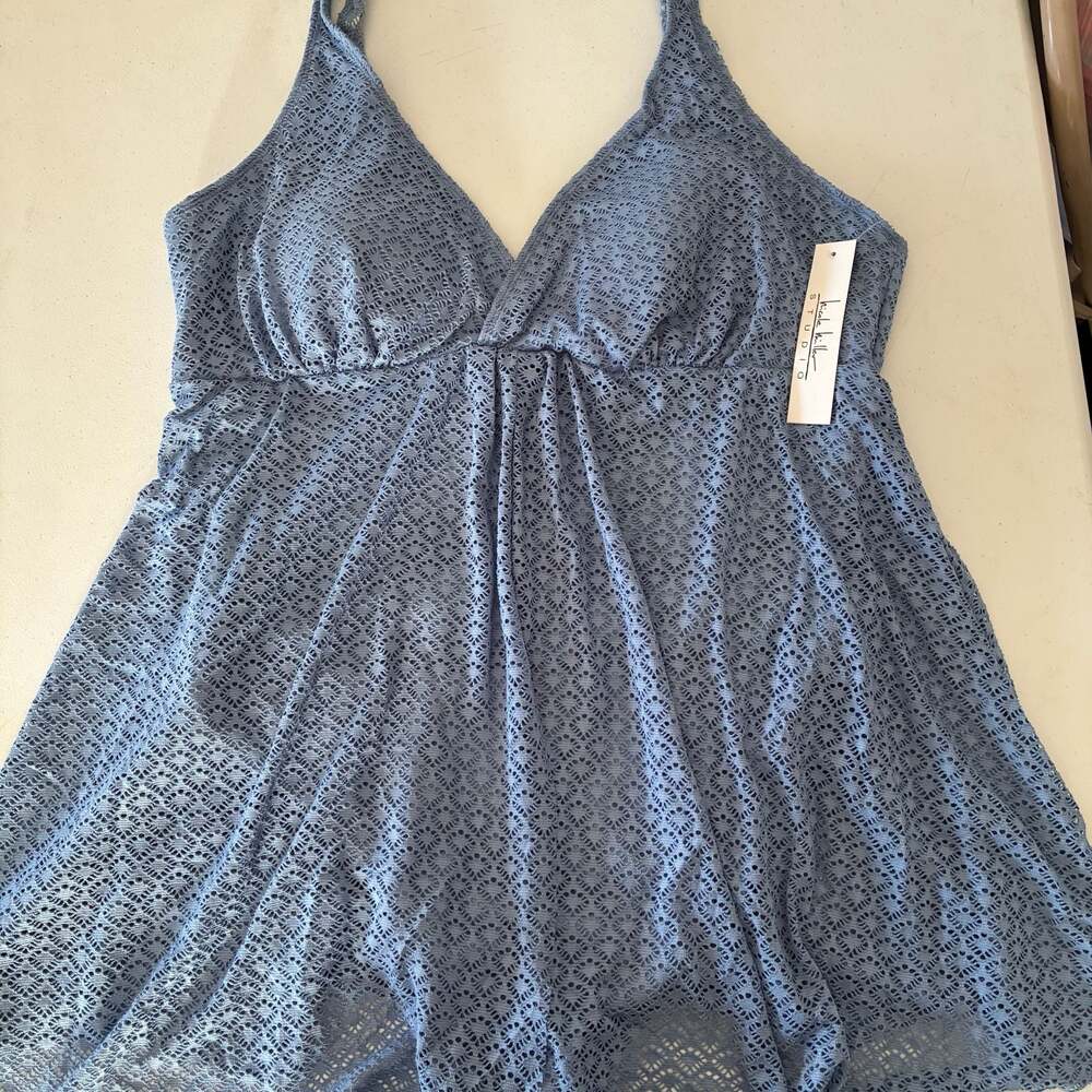 Nicole Miller Studio Blue Lace Swim Dress Crochet One Piece Plus Size